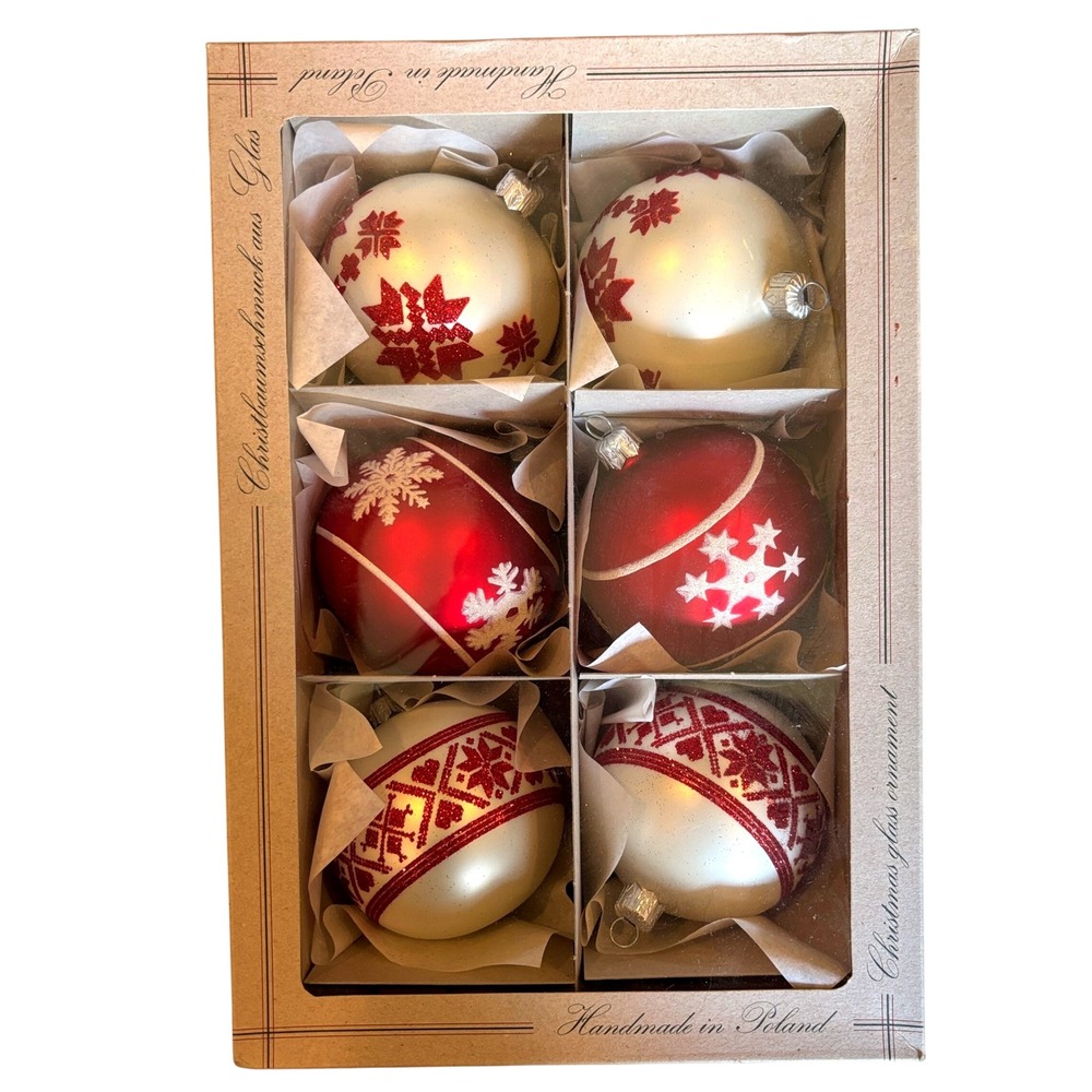 Vitbis Vintage Christmas Glass Ornaments Set of 6 Red White Polish Handmade 3"